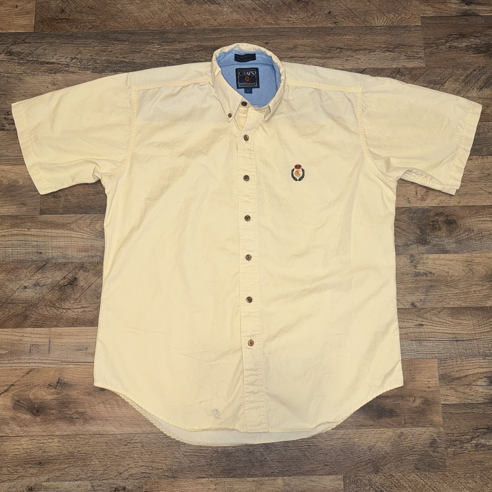 Chaps Button Down Shirt Mens Medium Yellow Good Short Sleeve Crest Logo Cotton